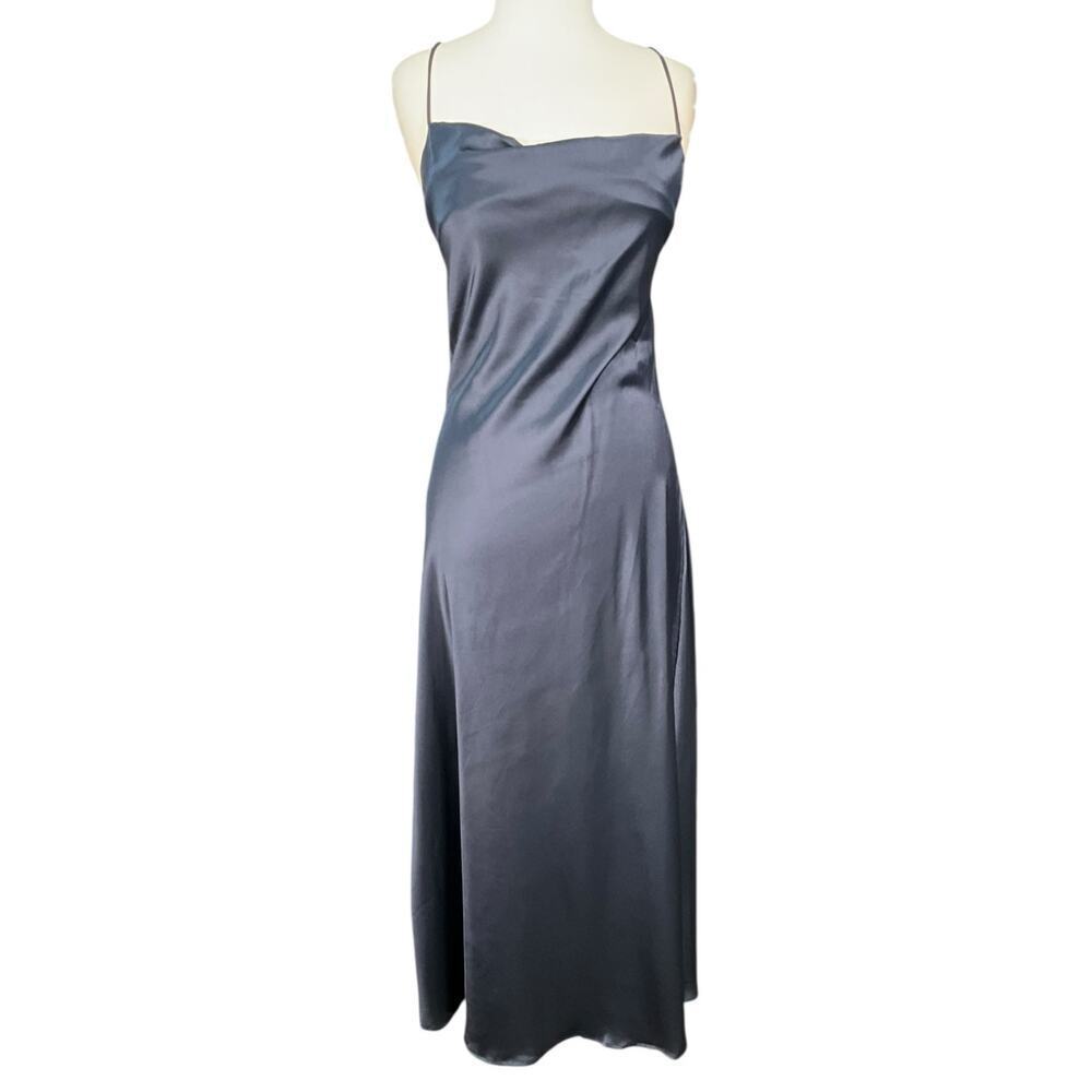 SHEIN Navy Blue Satin Open Back Lace Up Maxi Dress Spaghetti Strap Size Large